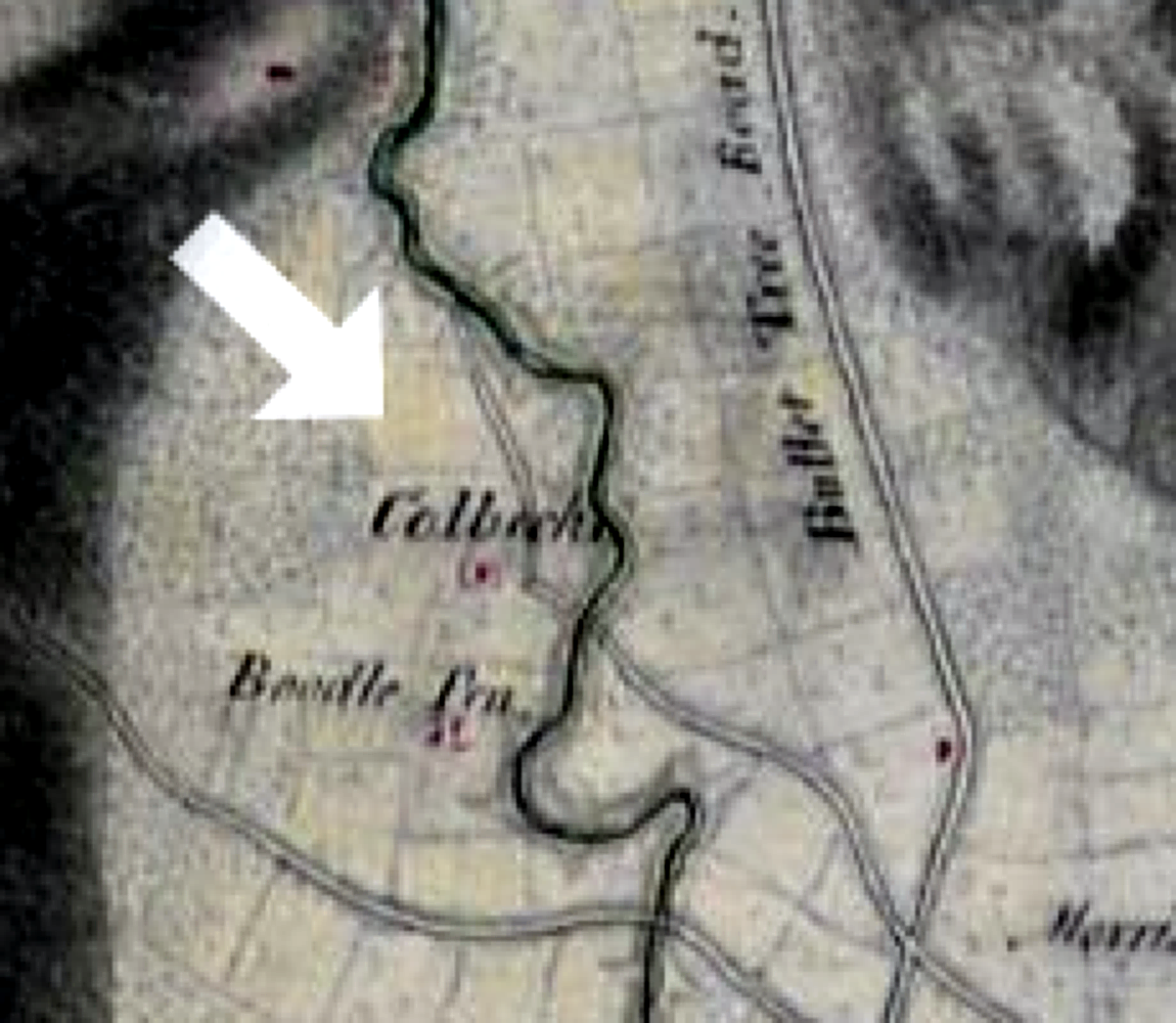 Enlarged detail of Campbell's survey showing the house marked Colbeck, near Beadle Pen and Bullet Tree Road