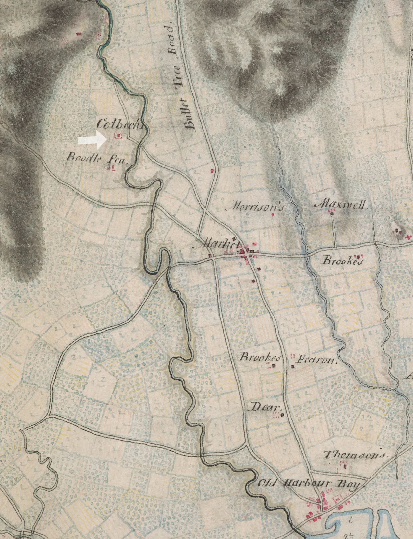 Enlarged detail of Campbell's survey showing the house marked Colbeck, near Beadle Pen and Bullet Tree Road