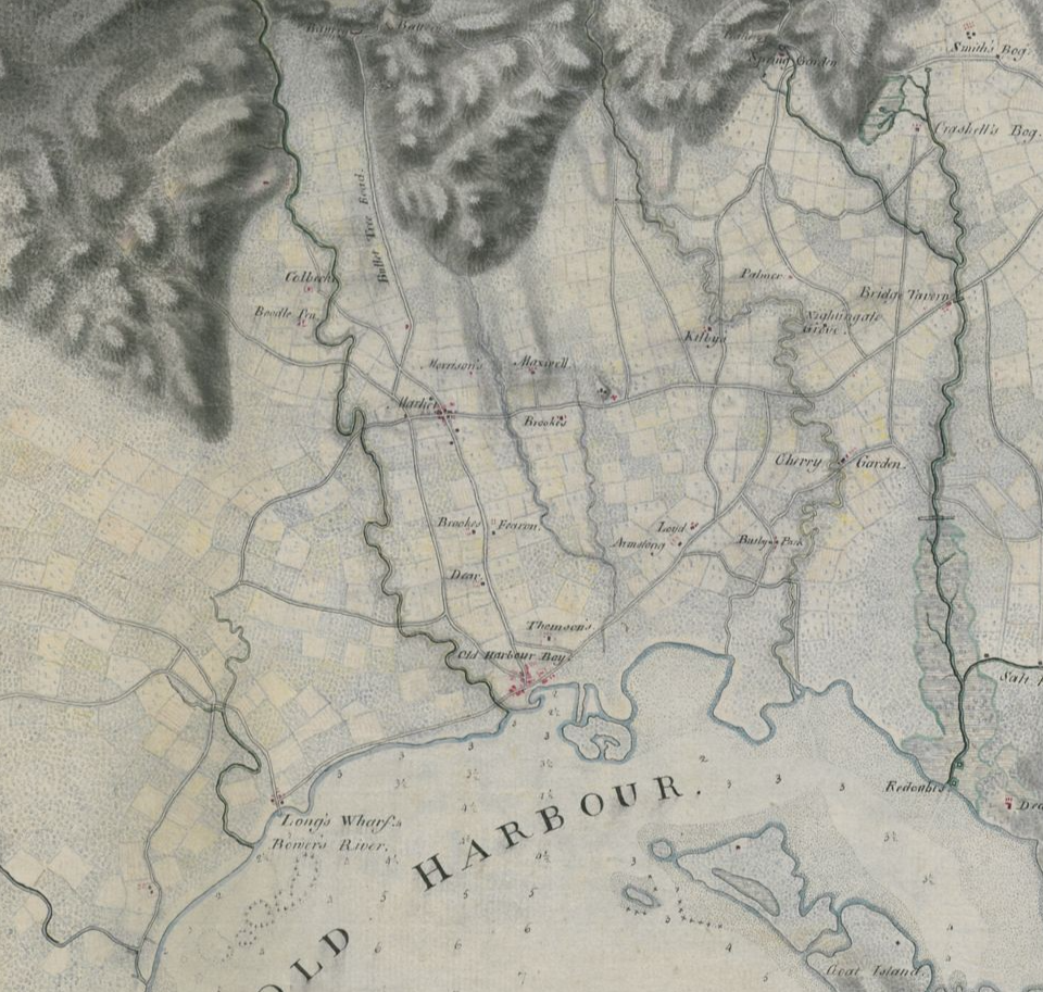 Archibald Campbell's 1780s survey of the Old Harbour area, Jamaica, with an arrow marking Colbeck
